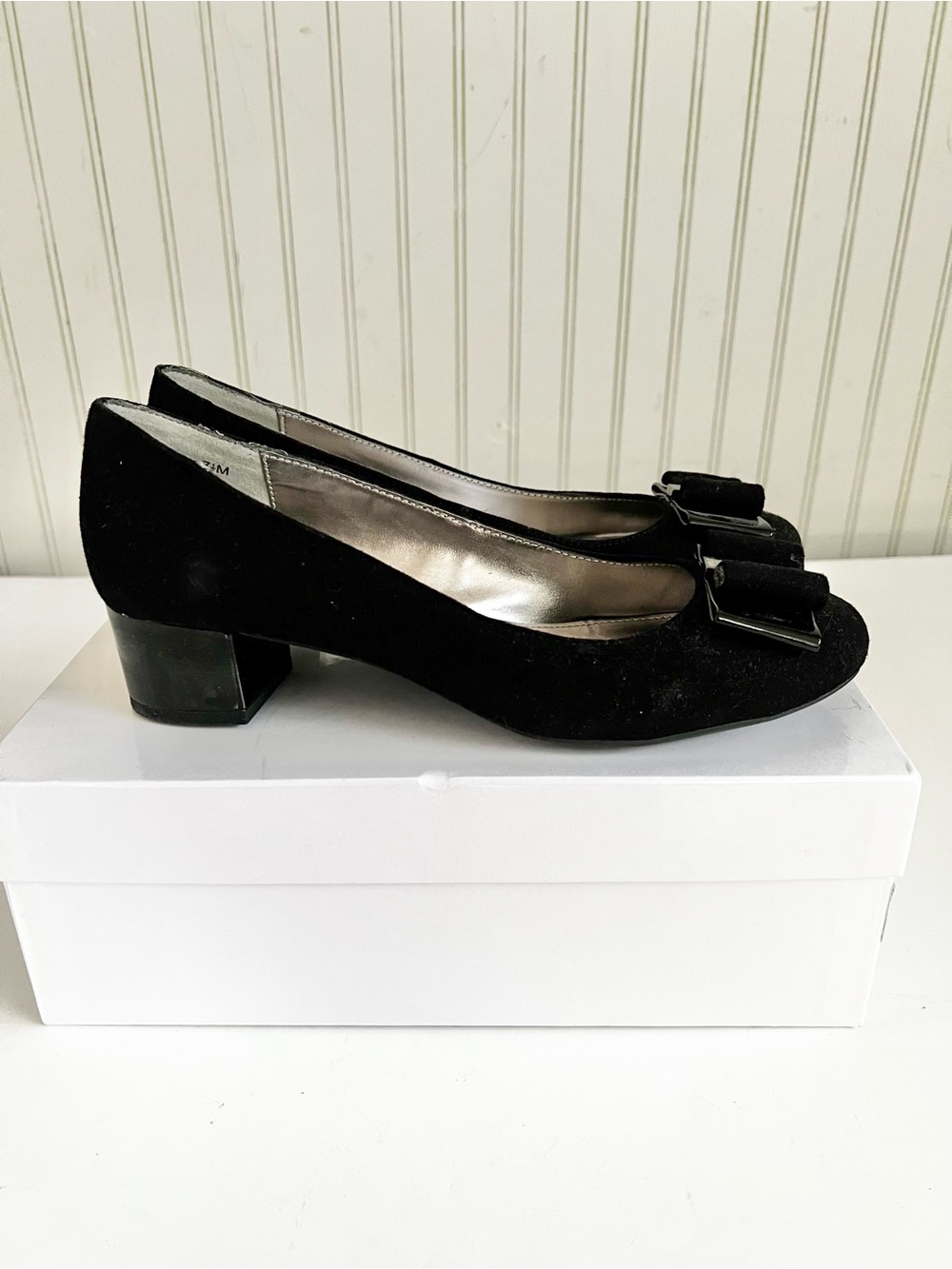 Anne Klein New Black Velvet Bow Ballerina Block Heel Shoes